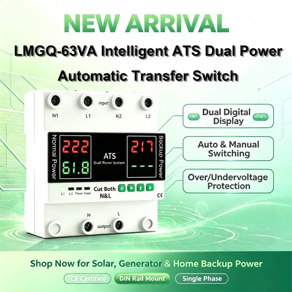 LMGQ-63VA ATS Dual Power Automatic Transfer Switch Dual Digital Voltage Frequency Display DIN Rail Single Phase Dual Power Changeover Unit For Solar Generator Backup Power CE Certified LMGQ-63VA ATS Dual Power Automatic Transfer Switch Dual Digital Voltage Frequency Display DIN Rail Single Phase Dual Power Changeover Unit For Solar Generator Backup Power CE Certified