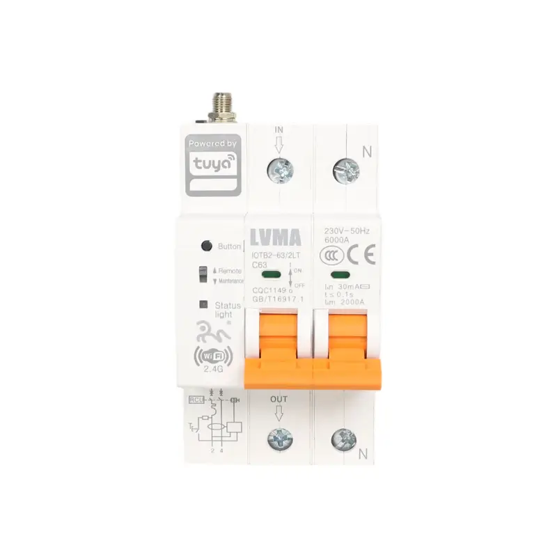 LVMA Tuya WiFi Smart RCBO 2P 63A din rail earth leakage circuit breaker 2.4G wifi remote control residual current breaker